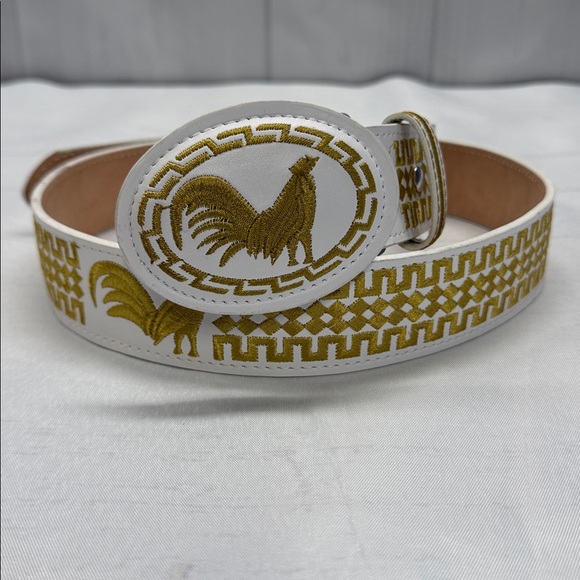 YAC Other - YAC White and Gold Leather and Silk Rooster Design Western Cowboy Belt Size 38